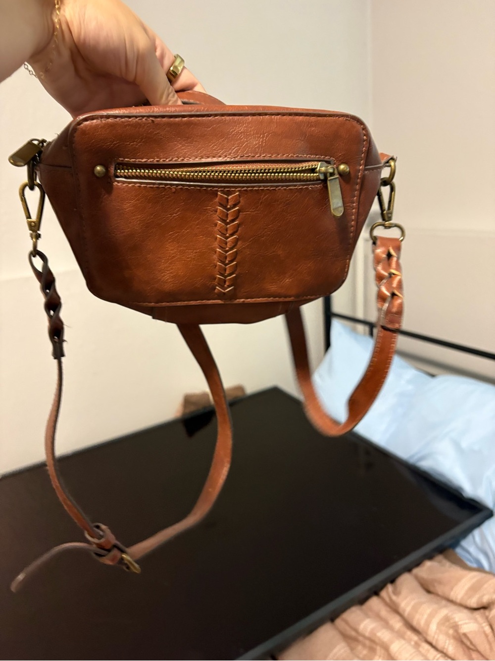 Brown Crossbody Leather Camera Bag with Woven Detail
